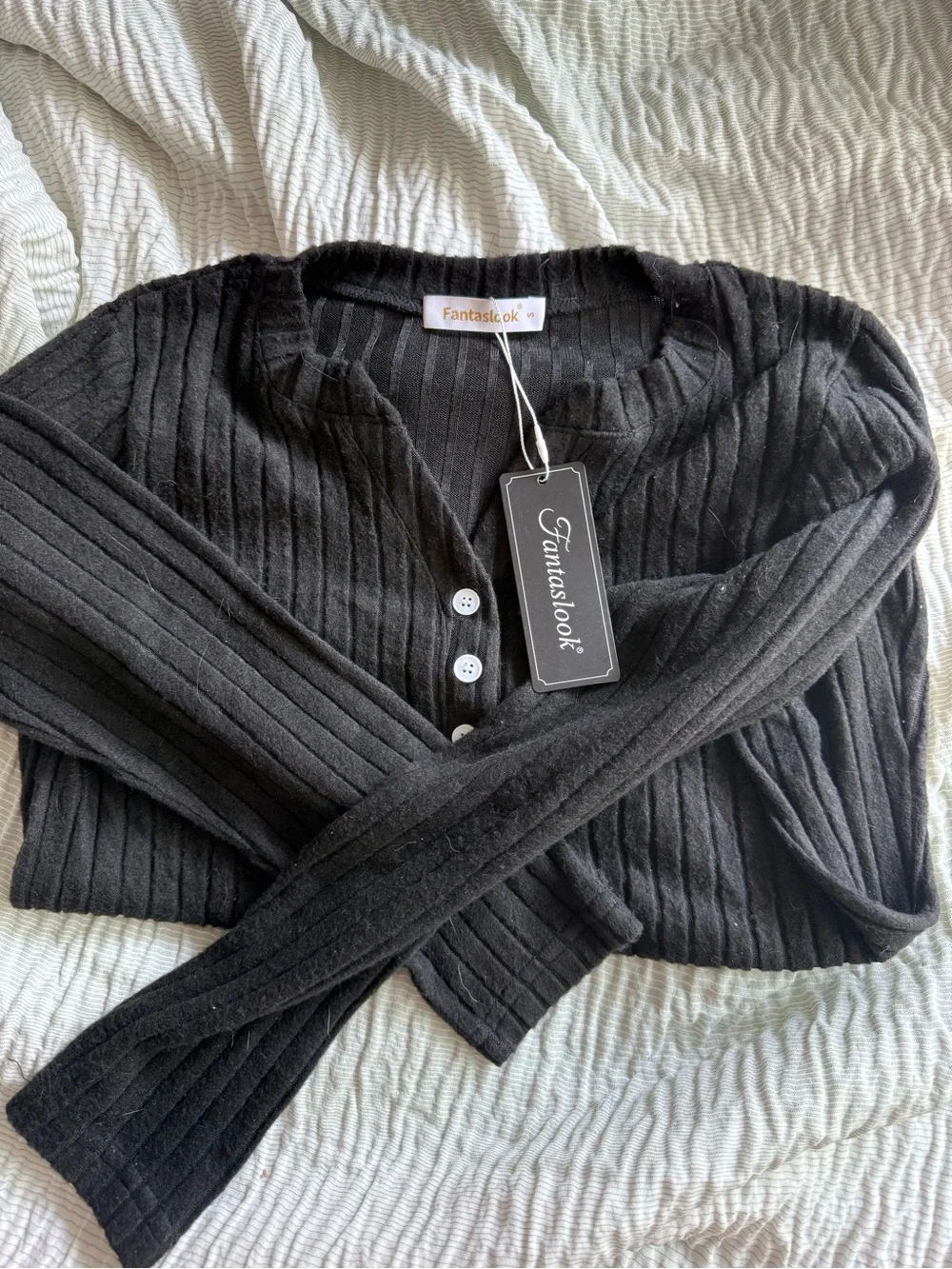 Fantaslook Black Ribbed Button-Front Pajama Top